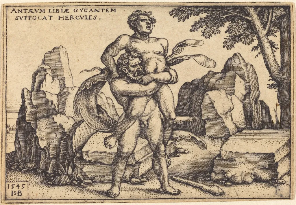 Hercules Killing Antaeus, by Sebald Beham, ink, 1545