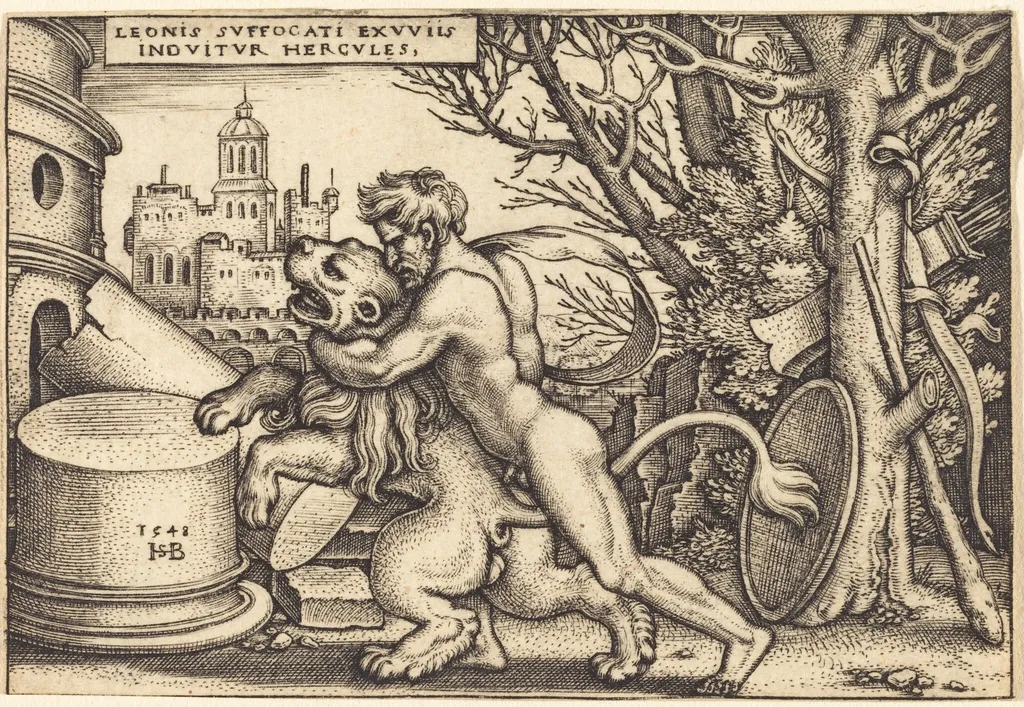 Hercules Killing the Nemean Lion, by Sebald Beham, ink, 1548
