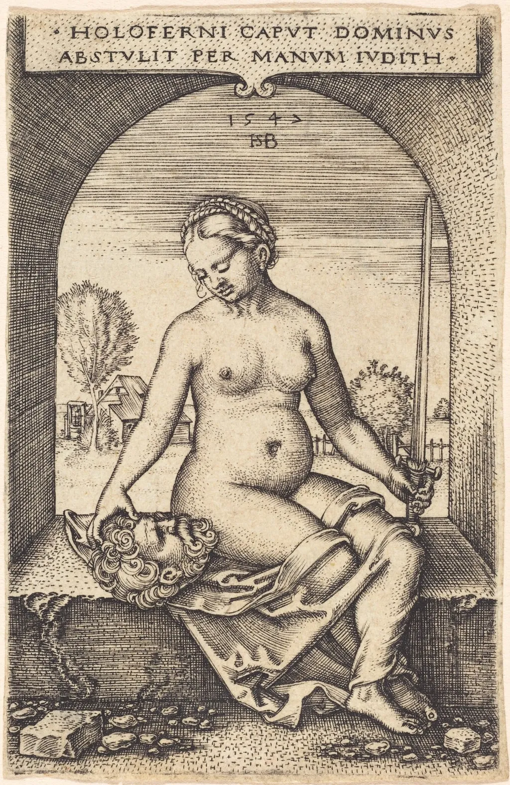 Judith Seated in an Arch, by Sebald Beham, ink, 1547