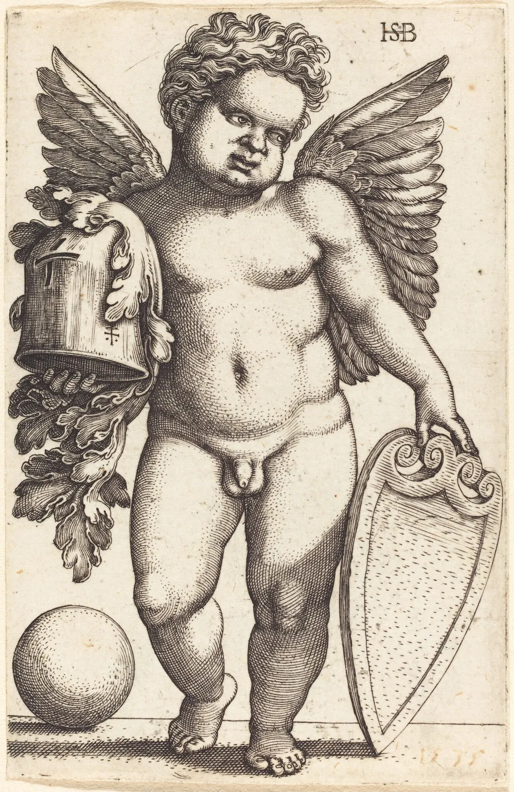 Male Genius Holding a Coat of Arms, by Sebald Beham, ink, 1535