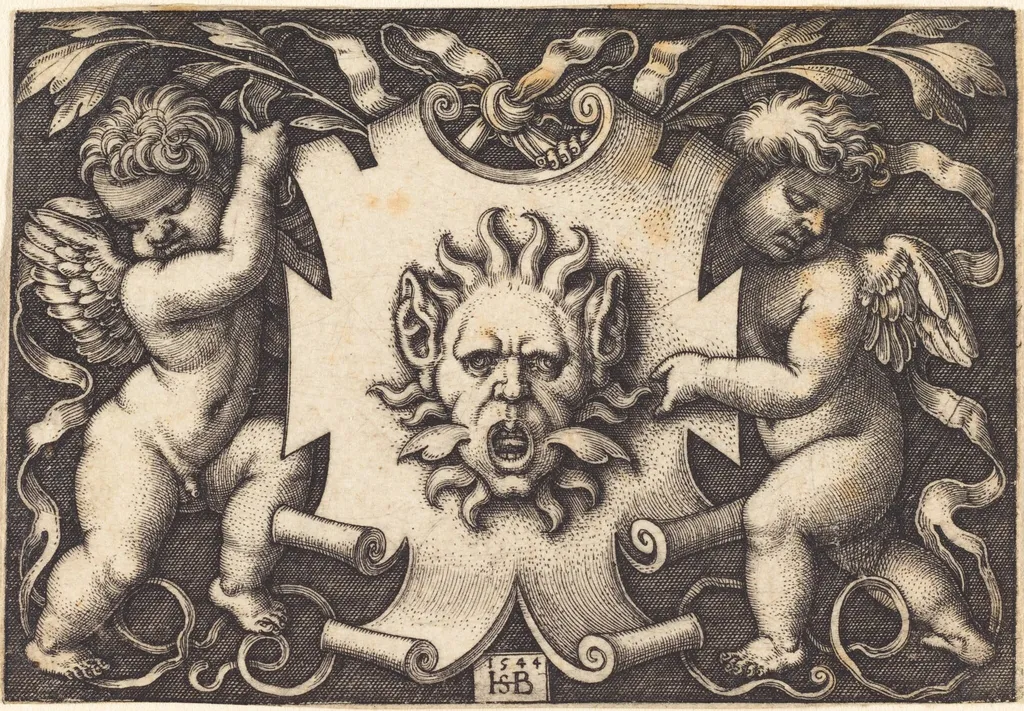 Mask Held by Two Genii, by Sebald Beham, ink, 1544