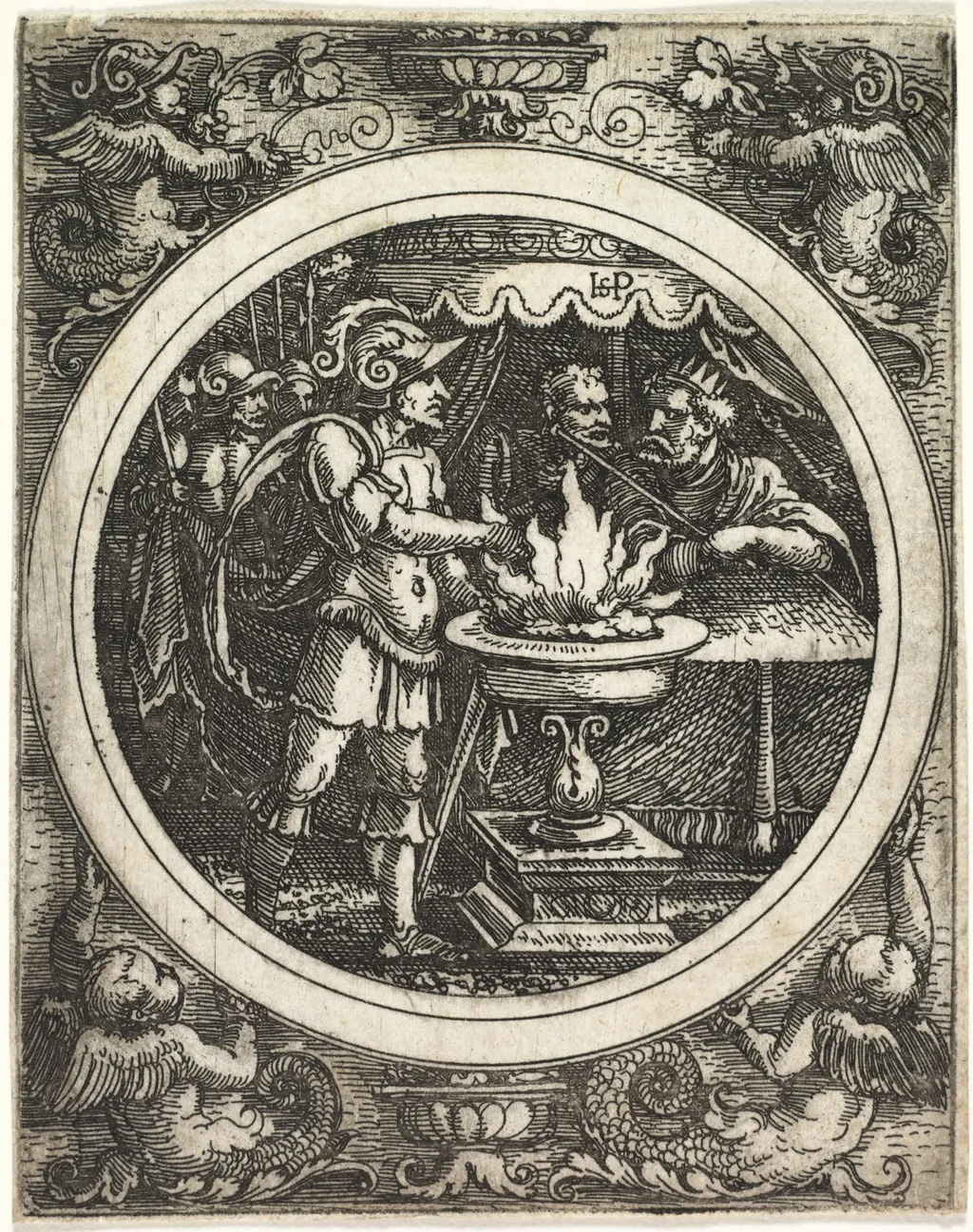 Mucius Scaevola Holding His Hand in the Fire, by Sebald Beham, 1520