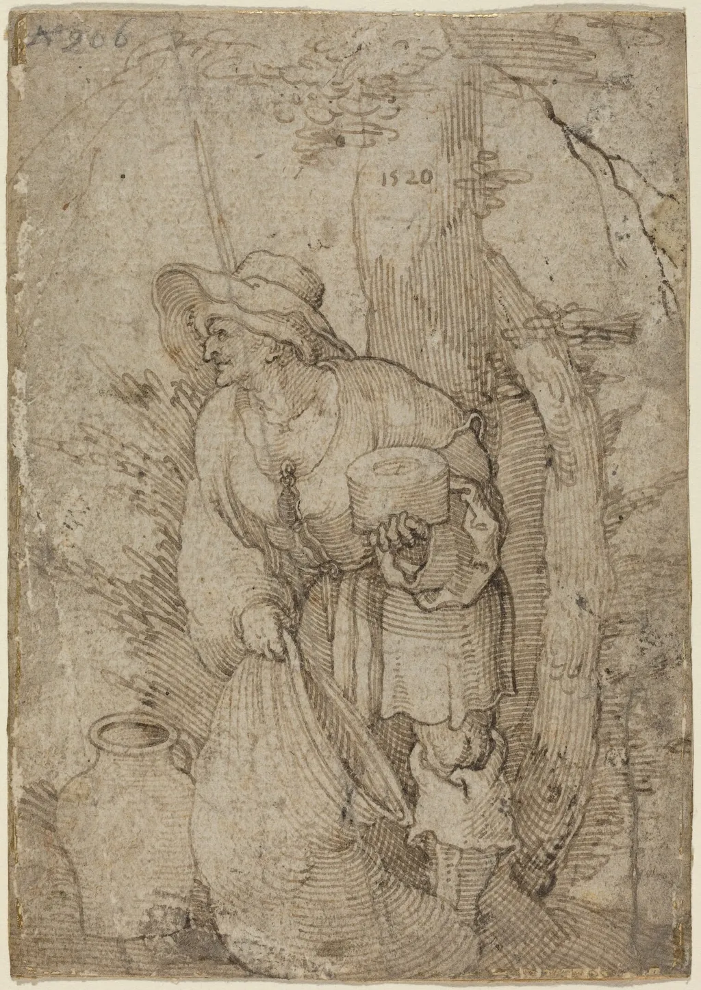 Old Man Standing under Tree, by Sebald Beham, ink, 1520