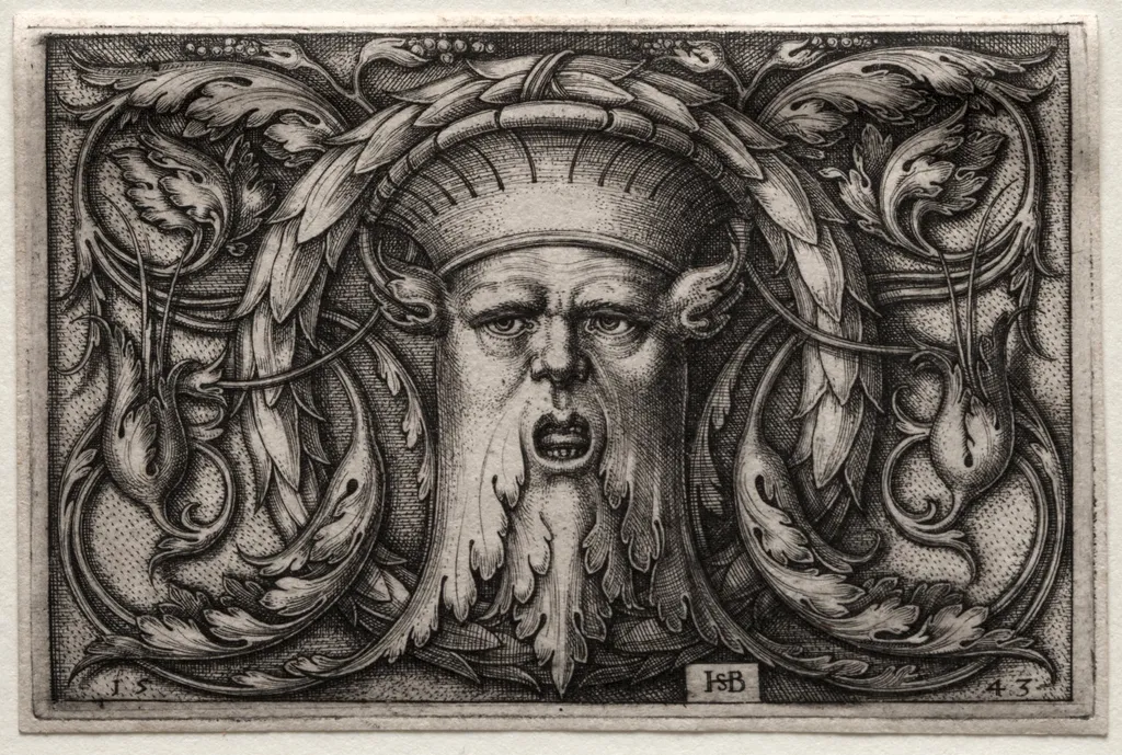 Ornament of Satyr's Head and Wreath, by Sebald Beham, 1543
