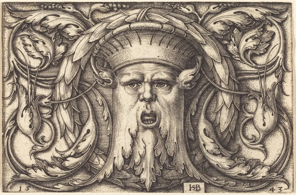 Ornament Panel with a Large Bearded Mask, by Sebald Beham, ink, 1543