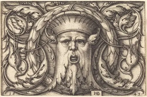 Ornament Panel with a Large Bearded Mask, by Sebald Beham