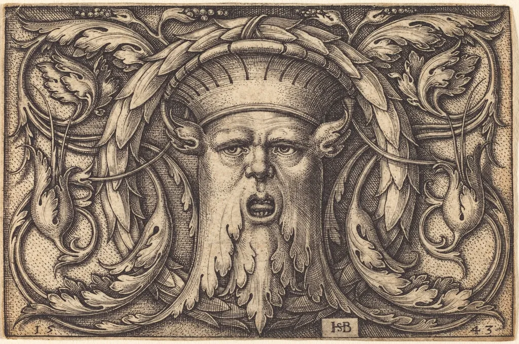 Ornament Panel with a Large Bearded Mask, by Sebald Beham, ink, 1543