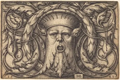 Ornament Panel with a Large Bearded Mask, by Sebald Beham