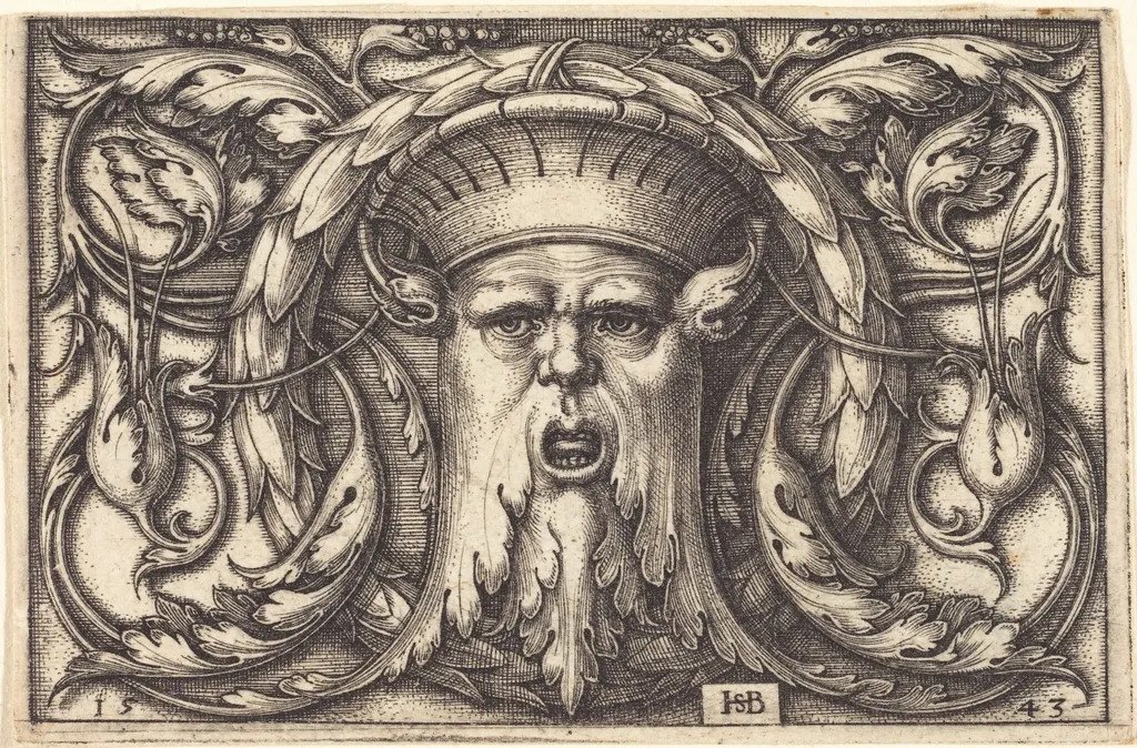 Ornament Panel with a Large Bearded Mask, by Sebald Beham, ink, 1543