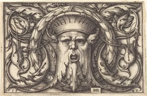 Ornament Panel with a Large Bearded Mask, by Sebald Beham