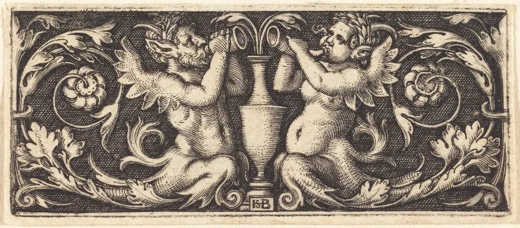 Ornament with a Couple of Tritons Blowing Horns, by Sebald Beham, ink, 1544