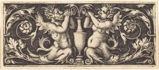 Ornament with a Couple of Tritons Blowing Horns, by Sebald Beham