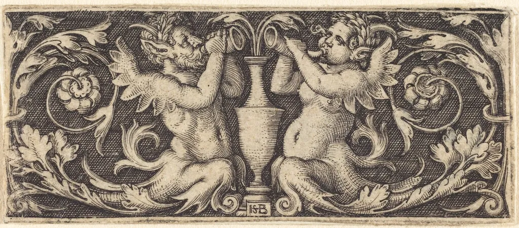 Ornament with a Couple of Tritons Blowing Horns, by Sebald Beham, ink, 1544