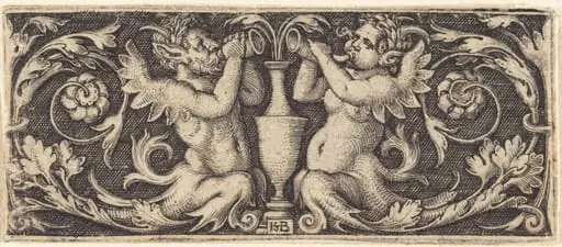 Ornament with a Couple of Tritons Blowing Horns, by Sebald Beham