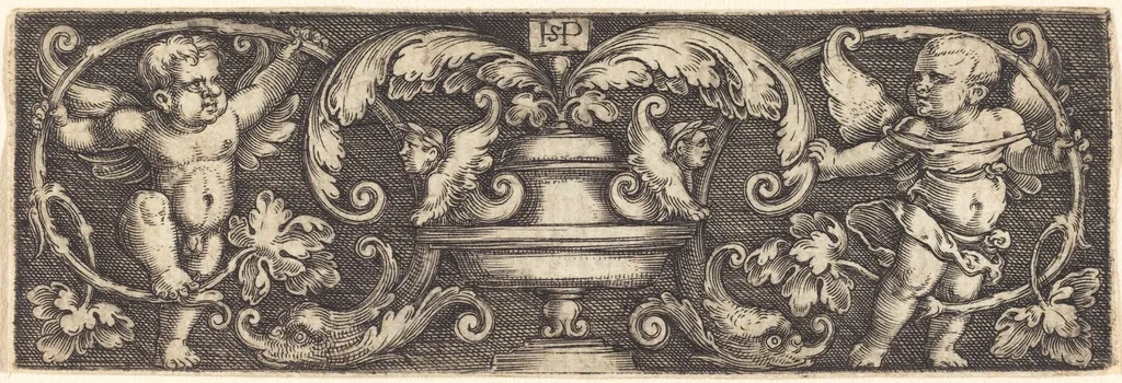 Ornament with a Vase Between Two Genii, by Sebald Beham, ink, 1528