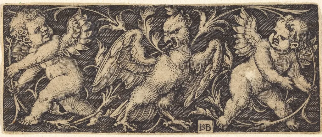 Ornament with Eagle and Two Genii, by Sebald Beham, ink, 1544