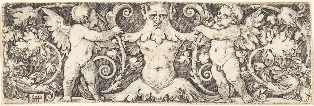 Ornament with Male Half Figure Between Two Genii, by Sebald Beham, ink, 1528