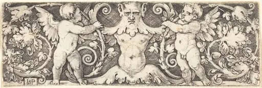 Ornament with Male Half Figure Between Two Genii, by Sebald Beham