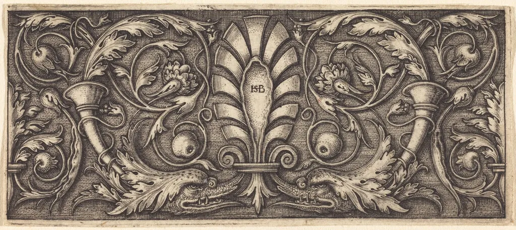 Ornament with Palmette and Two Dophin Heads, by Sebald Beham, ink, 1542