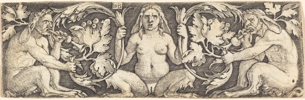 Ornament with Three Satyrs, by Sebald Beham, ink, 1542
