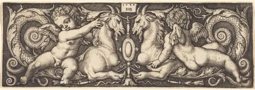 Ornament with Two Genii Riding on Two Chimeras, by Sebald Beham