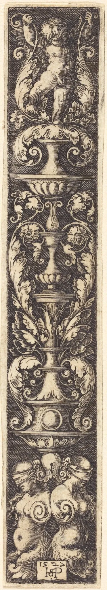 Panel of Ornament with Candelabra Supported by Two Blindfolded Women, by Sebald Beham, ink, 1527