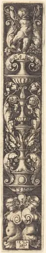 Panel of Ornament with Candelabra Supported by Two Blindfolded Women, by Sebald Beham