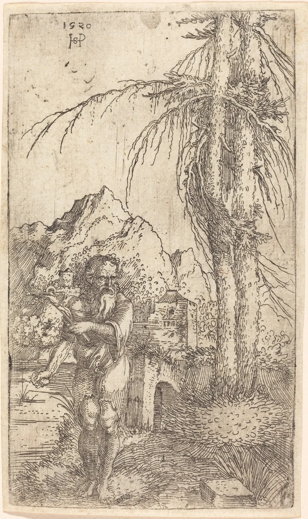 Saint Jerome in a Landscape, by Sebald Beham, ink, 1520