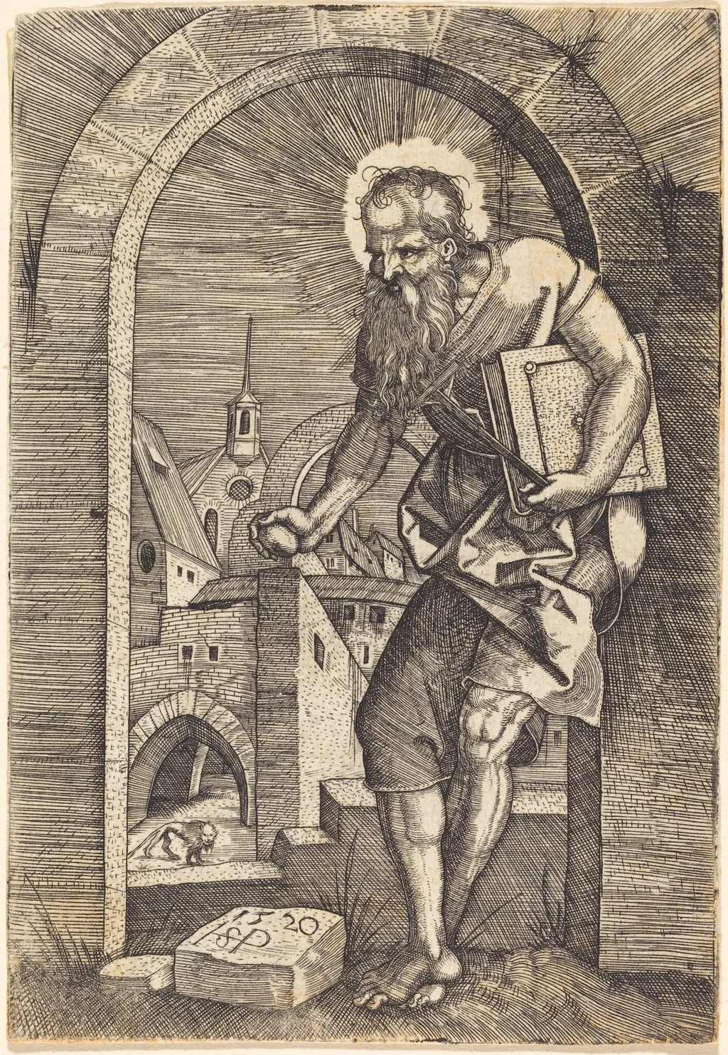 Saint Jerome Standing Under an Arch, by Sebald Beham, ink, 1520