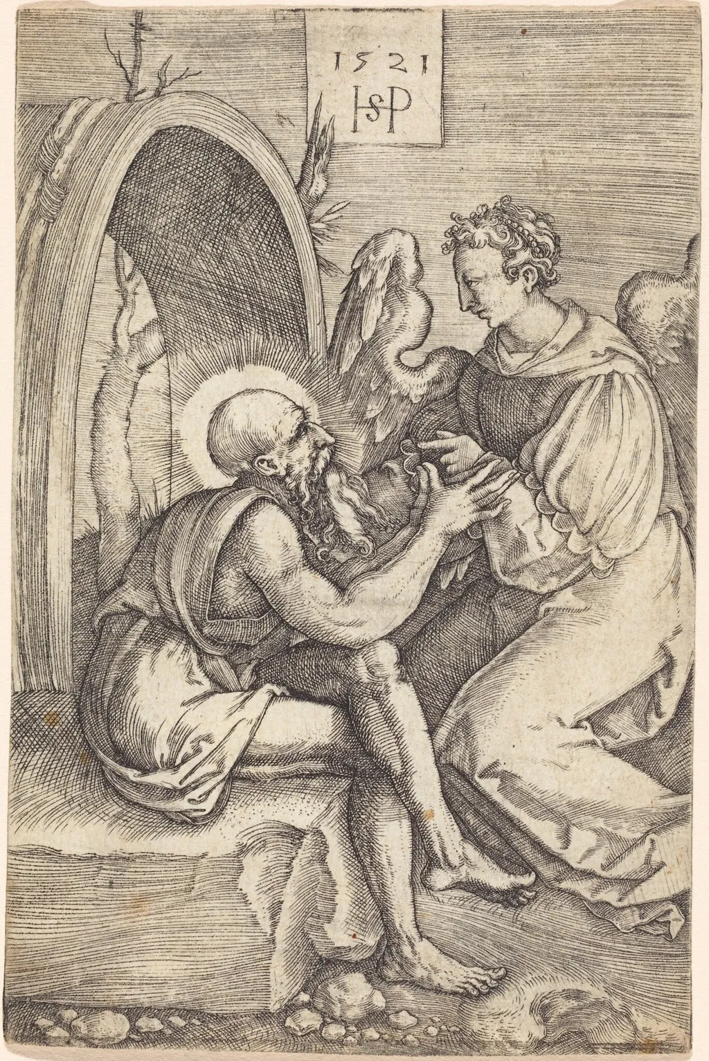 Saint Jerome with the Angel, by Sebald Beham, ink, 1521