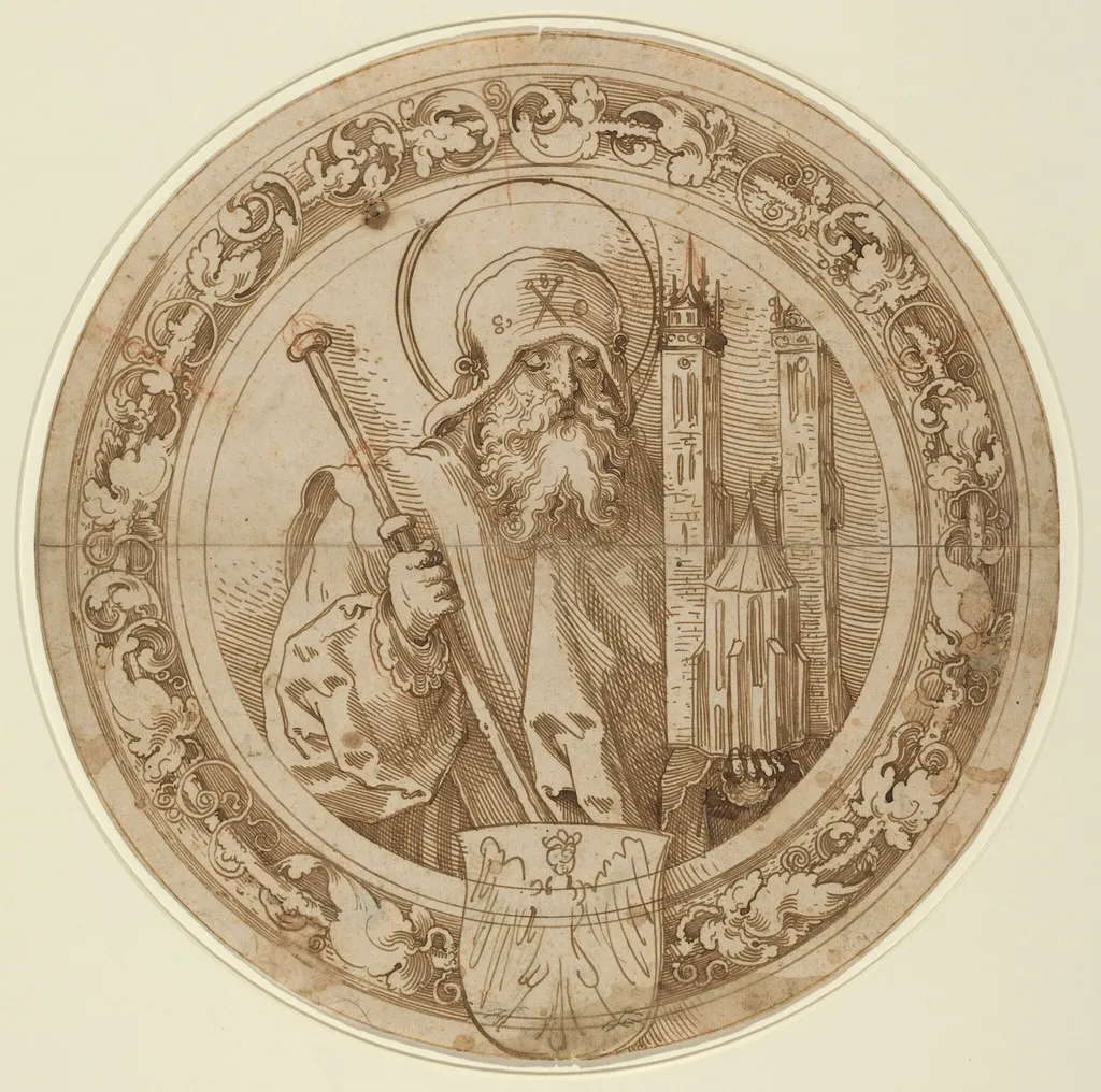 Saint Sebald Carrying the Model of His Church in Nuremberg, by Sebald Beham, ink, 1521