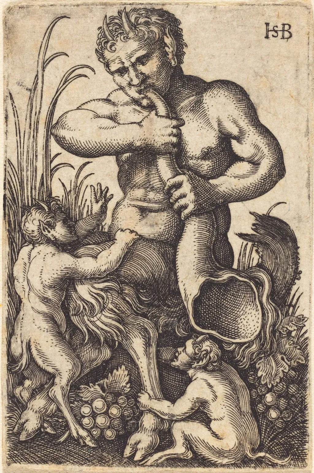 Satyr Sounding a Horn, by Sebald Beham, ink, 1534