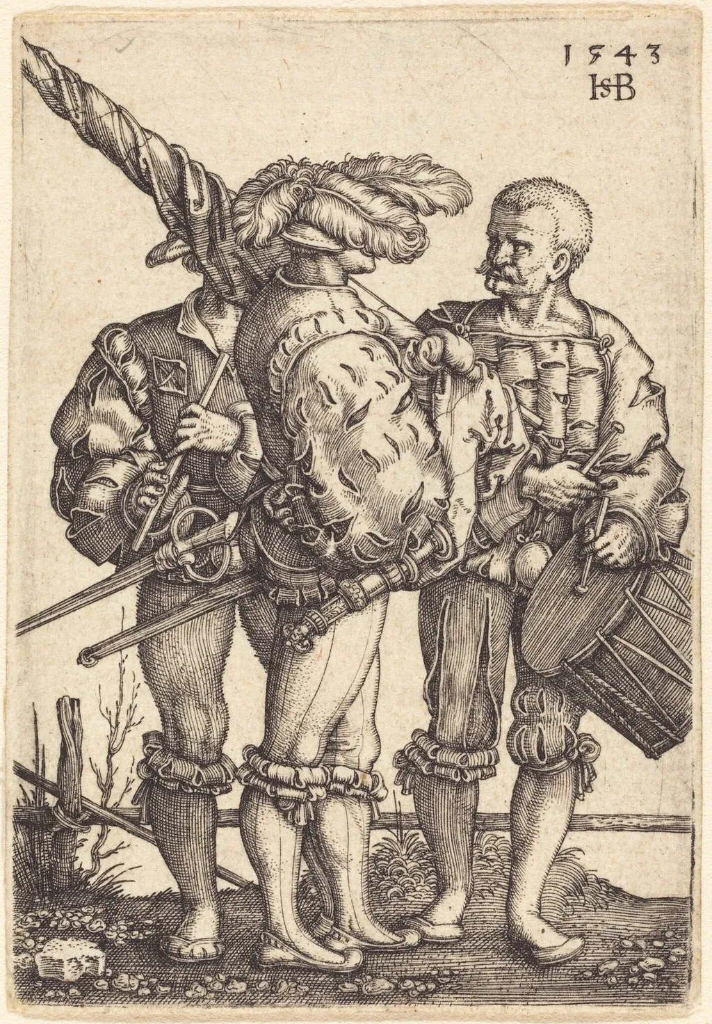 Standard Bearer, Drummer, and Piper, by Sebald Beham, ink, 1543