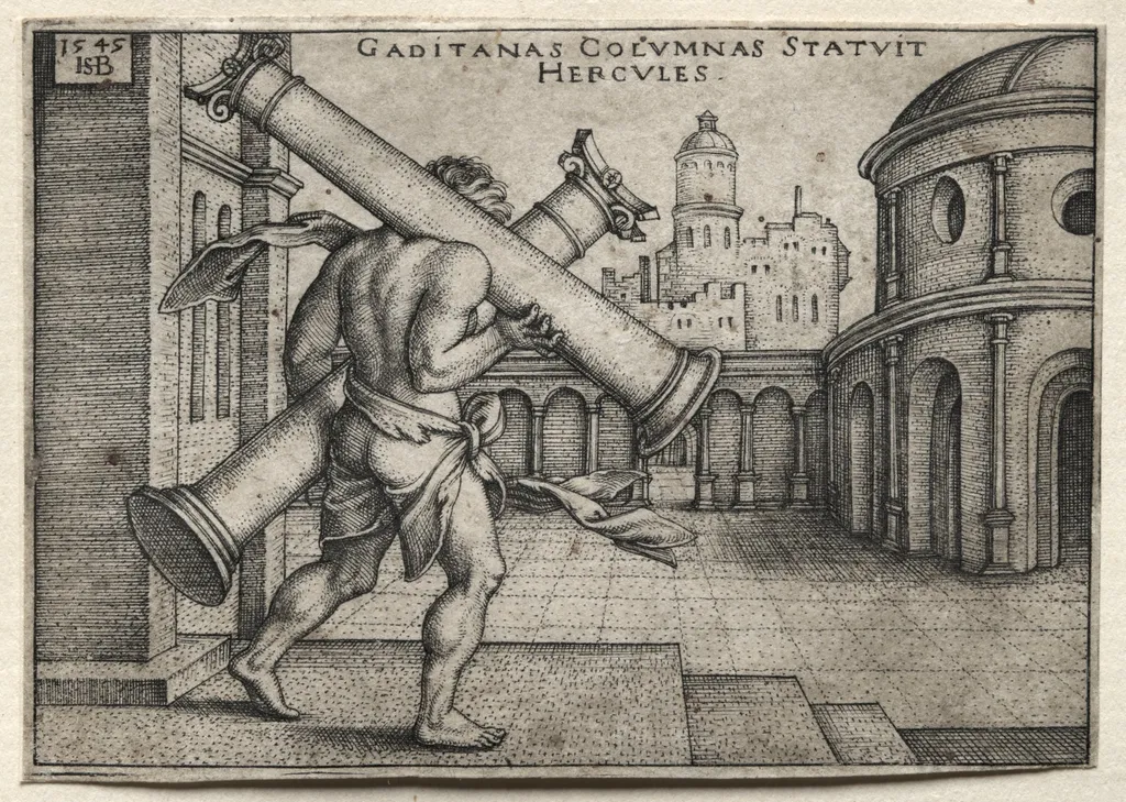 The Labors of Hercules: Hercules Carrying the Columns of Gades, by Sebald Beham, 1545
