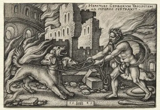 The Labors of Hercules: Hercules Dragging Cerberus from the Underworld, by Sebald Beham