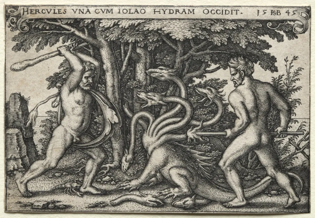 The Labors of Hercules: Hercules Killing the Lernean Hydra, by Sebald Beham, 1545