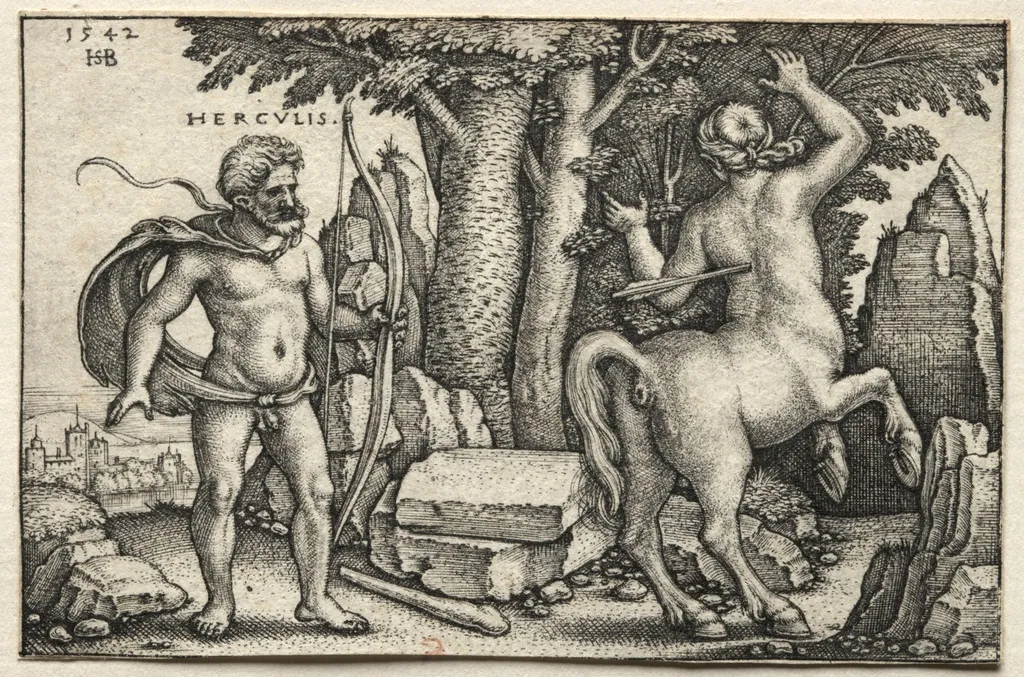 The Labors of Hercules: Hercules Shooting Nessus, by Sebald Beham, 1542