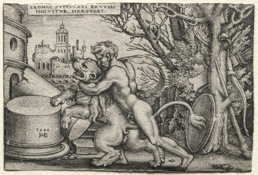 The Labors of Hercules: Hercules Strangling the Nemean Lion, by Sebald Beham, 1548