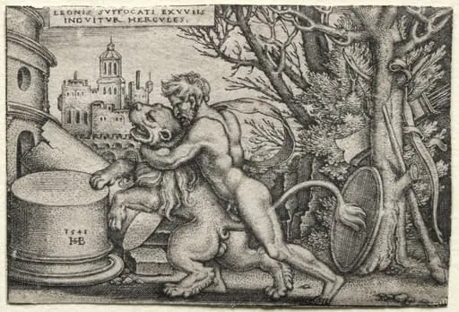 The Labors of Hercules: Hercules Strangling the Nemean Lion, by Sebald Beham
