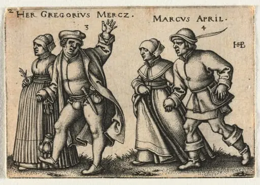 The Peasant Wedding or the Twelve Months:  3-Her Gregorius Mercz 4-Marcus April, by Sebald Beham