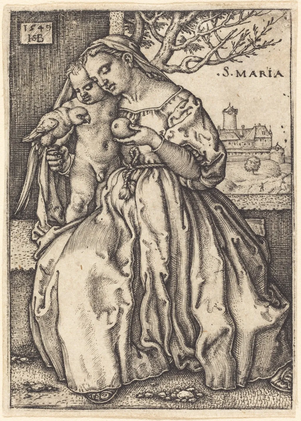 The Virgin and Child with a Parrot, by Sebald Beham, ink, 1549