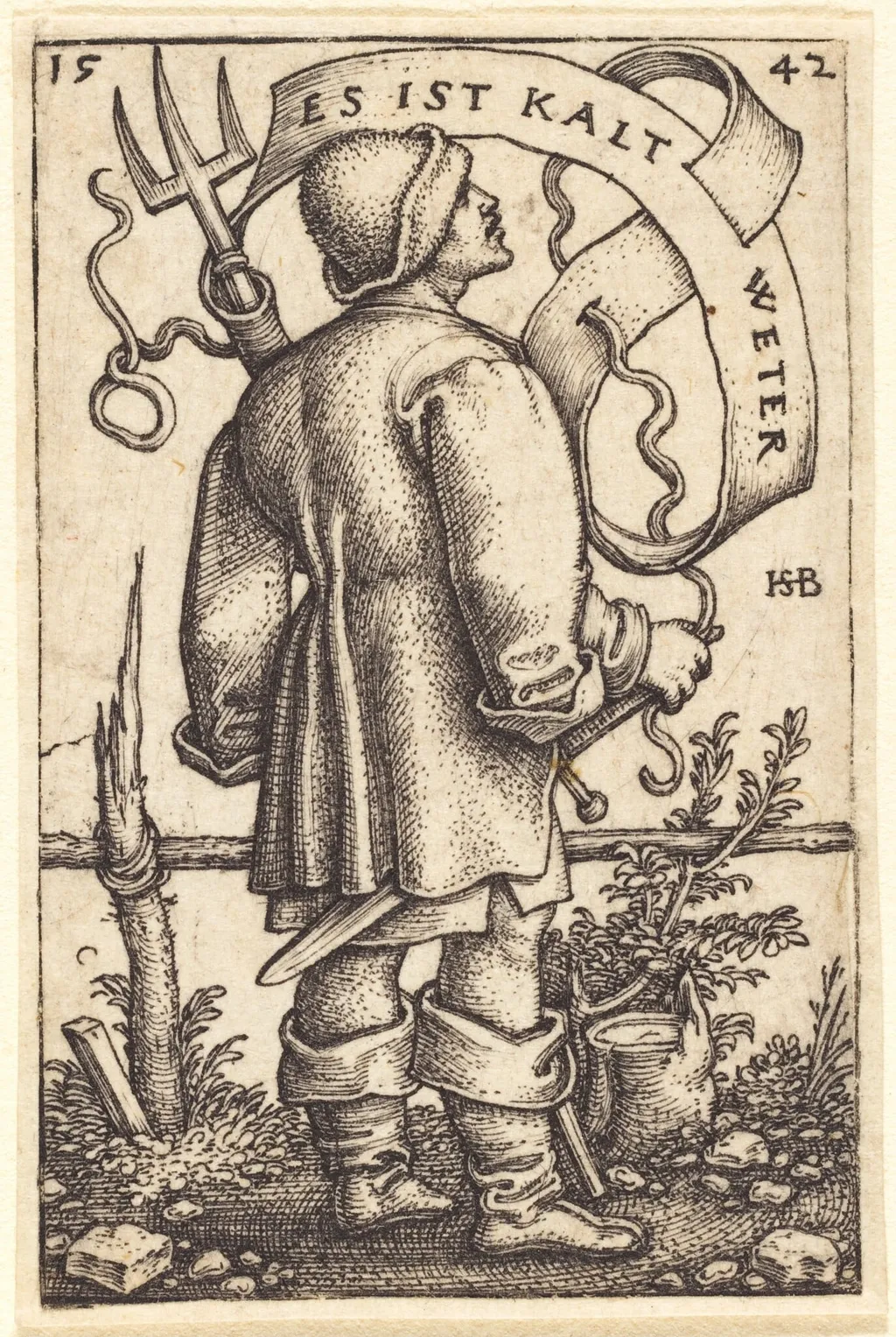 The Weather Peasant Facing Right, by Sebald Beham, ink, 1542