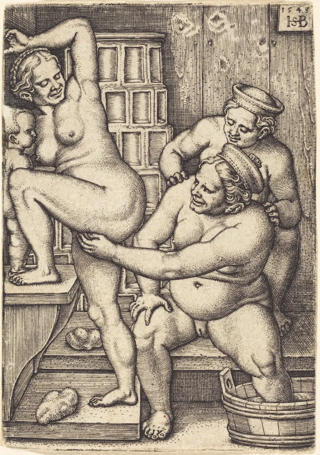 Three Women in a Bathroom, by Sebald Beham, ink, 1548