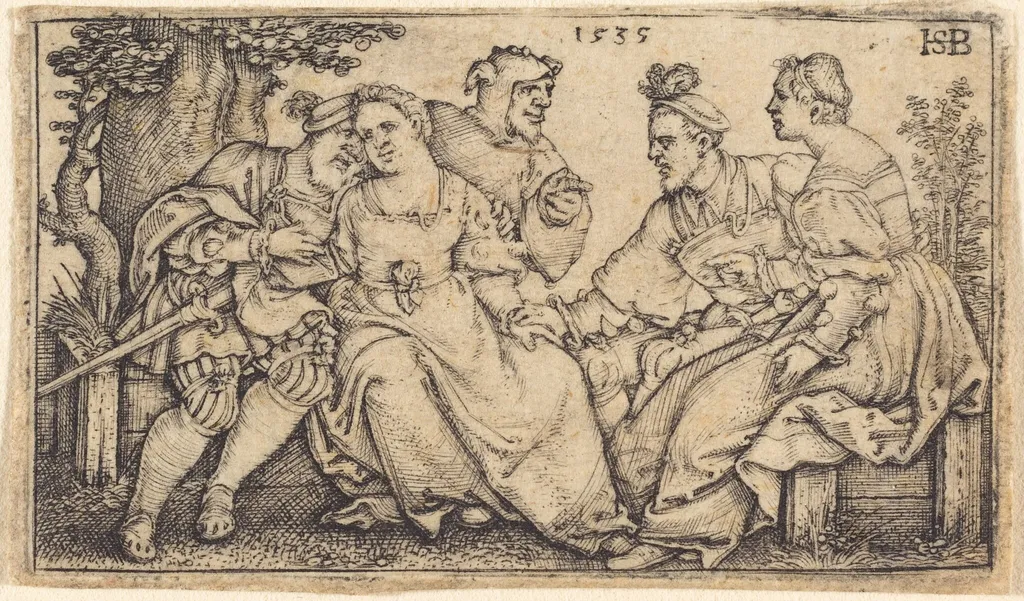 Two Couples and a Fool, by Sebald Beham, ink, 1535