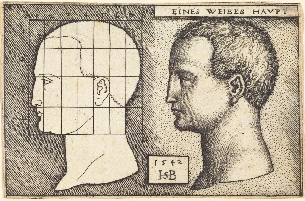 Two Profile Studies of a Woman's Head, by Sebald Beham, ink, 1542