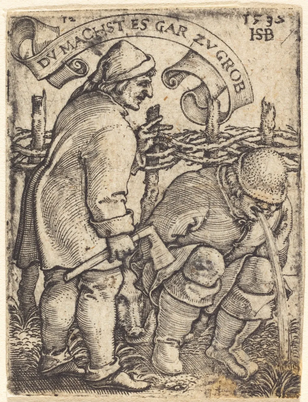 Vomiting Peasant and a Second Peasant, by Sebald Beham, ink, 1537