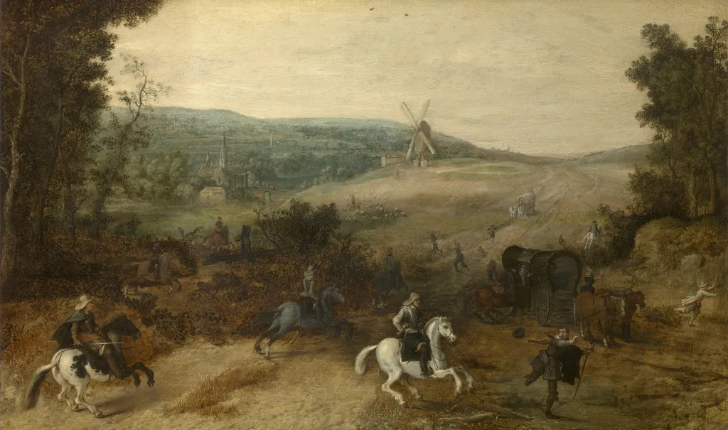 Landscape with Travellers Attacked by Robbers, by Sebastiaen Vrancx, oil, 1620