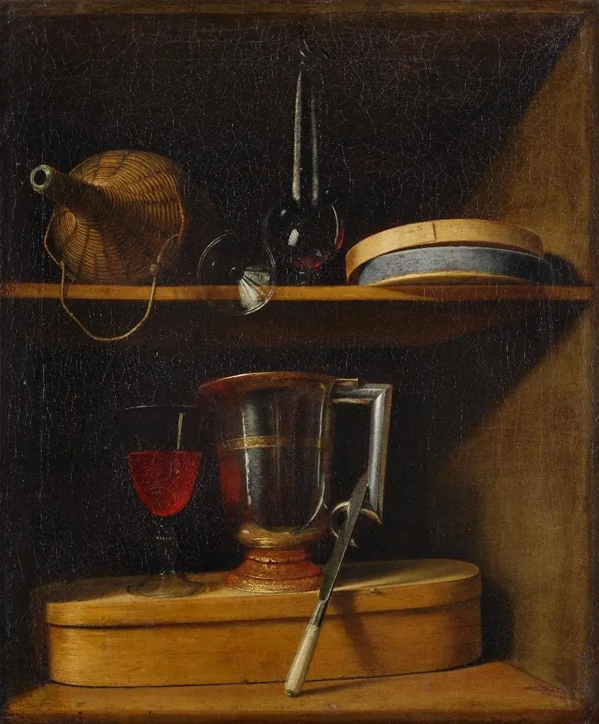 Schrankbild mit Trinkgeschirr und Spanschachteln, by Sebastian Stoskopff