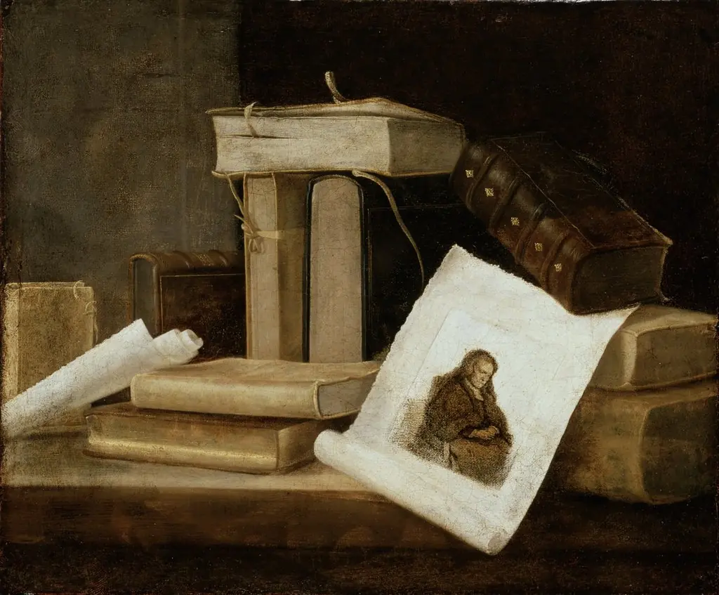 Still Life of Books and a Rembrandt Engraving, by Sebastian Stoskopff