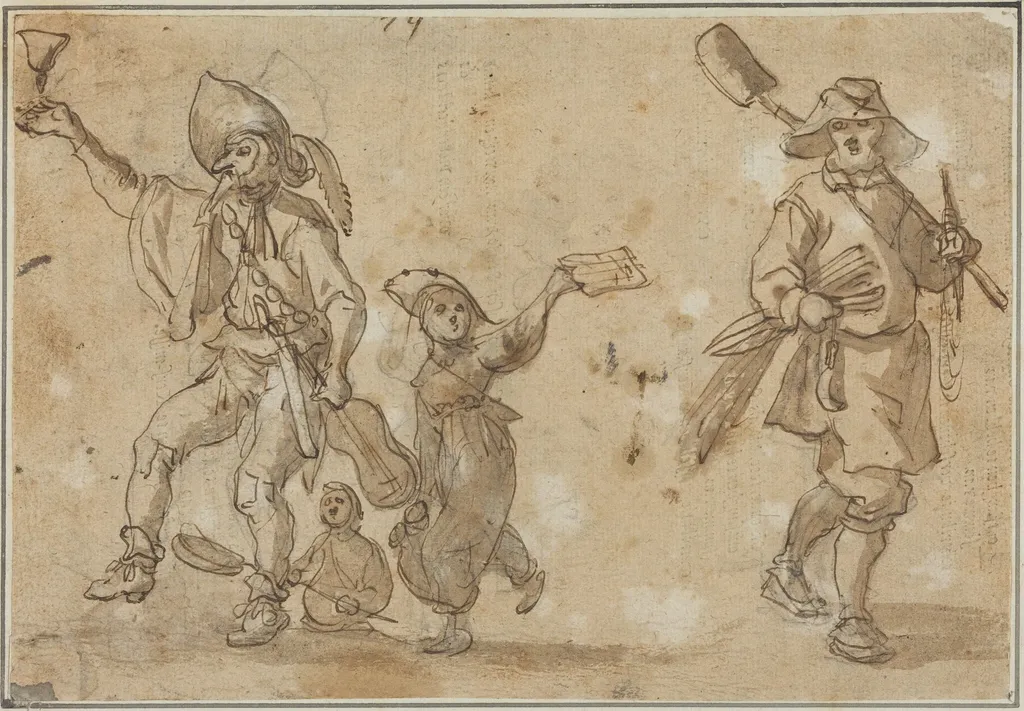 Three Revelers and a Gardner, by Sebastian Vrancx, chalk, 1610